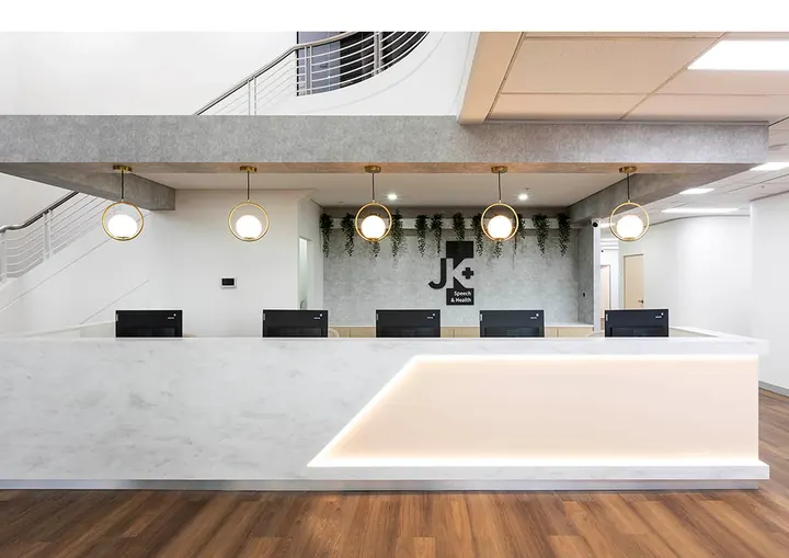 white marble and white lights modern office fit out in Sydney